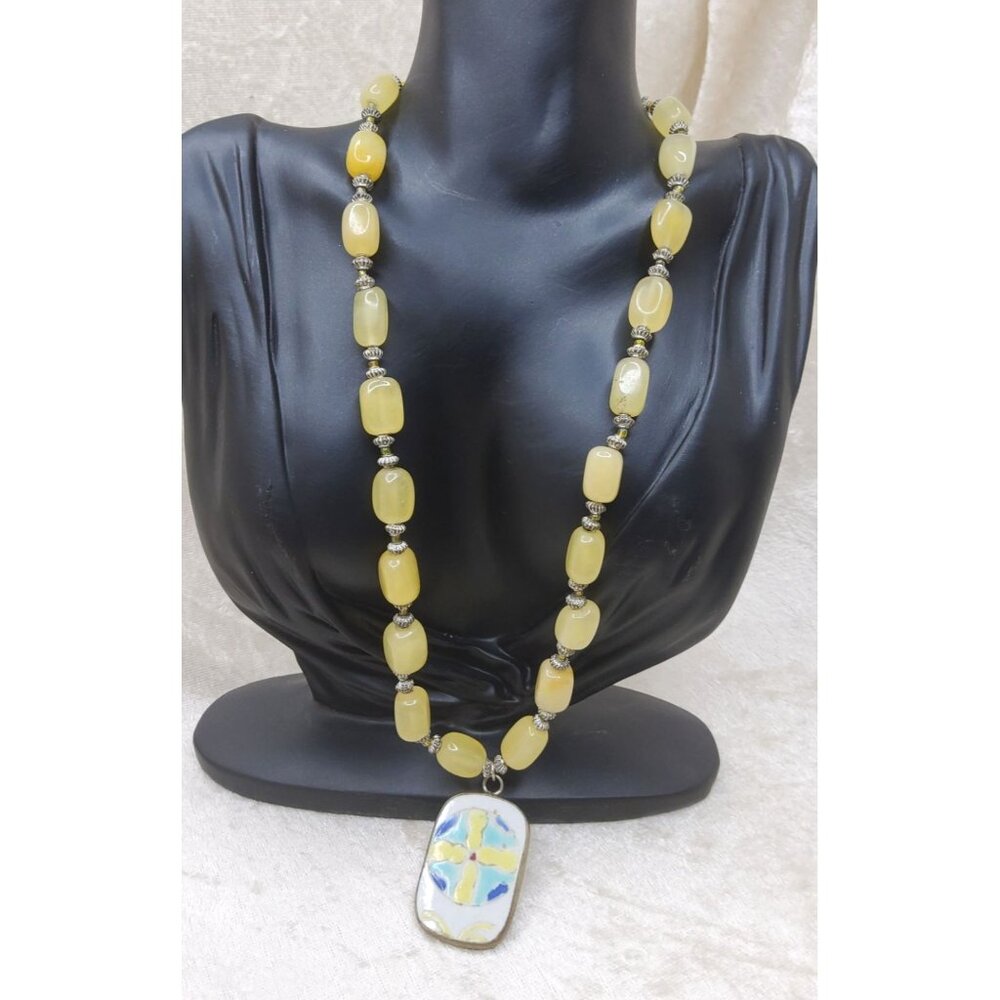 Vintage Natural Yellow Stone Beaded Necklace With Abstract Handcrafted Tile Pend